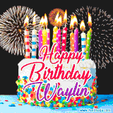 A lively happy birthday animated GIF showcasing a colorful birthday cake covered in sprinkles, topped with glowing candles, and surrounded by vibrant fireworks. The name 'Waylin' is featured in elegant script.