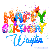 Animated GIF with colorful, festive 'Happy Birthday Waylin' text decorated with patterns, a party hat, and falling confetti. A vibrant and cheerful design for birthday celebrations.