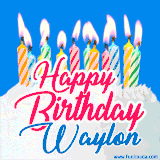 A cheerful animated GIF featuring colorful lit birthday candles on a white cake, with the text 'Happy Birthday Waylon' in bold red and blue script on a bright blue background.