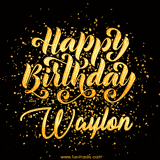 Animated GIF with colorful, festive 'Happy Birthday Waylon' text decorated with patterns, a party hat, and falling confetti. A vibrant and cheerful design for birthday celebrations.