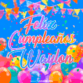 A vibrant animated GIF with 'Feliz Cumpleaños Waylon' written in colorful script, surrounded by balloons, confetti, and bunting on a bright blue background.