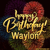 A vibrant display of multicolor fireworks with the text 'Happy Birthday Waylon' written in gold, glowing beautifully in front of the explosive background.
