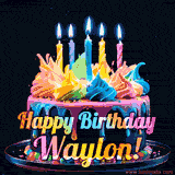 A vibrant animated GIF featuring a colorful rotating birthday cake with bright frosting swirls, glowing candles, and the text 'Happy Birthday Waylon!' in rainbow colors.