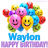 An animated birthday-themed name GIF with colorful smiling balloons and bold 'Waylon, Happy Birthday!' text for a celebratory touch.