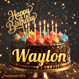 A decorated birthday cake with colorful frosting rosettes, glowing candles, and a golden Happy Birthday topper with the name Waylon.
