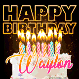 A vibrant animated GIF featuring a delicious birthday cake topped with glowing candles and the name 'Waylon' in elegant script, and the words 'Happy Birthday' on the black background.
