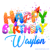 Animated GIF with colorful, festive 'Happy Birthday Waylon' text decorated with patterns, a party hat, and falling confetti. A vibrant and cheerful design for birthday celebrations.