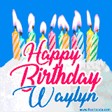 A cheerful animated GIF featuring colorful lit birthday candles on a white cake, with the text 'Happy Birthday Waylyn' in bold red and blue script on a bright blue background.