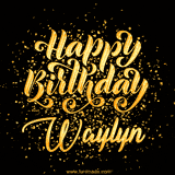 Animated GIF with colorful, festive 'Happy Birthday Waylyn' text decorated with patterns, a party hat, and falling confetti. A vibrant and cheerful design for birthday celebrations.