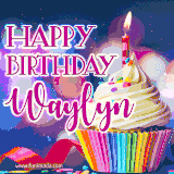 A festive animated GIF featuring a colorful cupcake with a single lit candle, sprinkles, and 'Happy Birthday Waylyn' text against a sparkling, celebratory background.