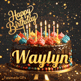 Bright colorful icing and lit candles on a chocolate cake, featured on a personalized birthday GIF for Waylyn.