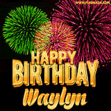 A captivating GIF with bursts of green, pink, and orange fireworks lighting up the night sky, accompanied by 'Happy Birthday Waylyn' in glowing golden text.
