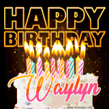 A vibrant animated GIF featuring a delicious birthday cake topped with glowing candles and the name 'Waylyn' in elegant script, and the words 'Happy Birthday' on the black background.