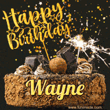 Animated GIF featuring the text 'Happy Birthday Wayne' written in glittering gold above the luxurious chocolate birthday cake adorned with truffles, gold stars, and sparklers.