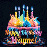 A vibrant animated GIF featuring a colorful rotating birthday cake with bright frosting swirls, glowing candles, and the text 'Happy Birthday Wayne!' in rainbow colors.