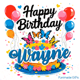 A customized birthday card with the name Wayne, featuring a decorative cake topped with bright butterfly designs.