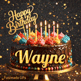 Shimmering gold stars and bokeh lights surround a chocolate drip cake personalized with the name Wayne.