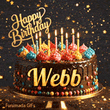 A decorated chocolate birthday cake on a golden stand with lit candles and colorful whipped cream rosettes, personalized for Webb.
