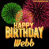 A captivating GIF with bursts of green, pink, and orange fireworks lighting up the night sky, accompanied by 'Happy Birthday Webb' in glowing golden text.