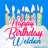A cheerful animated GIF featuring colorful lit birthday candles on a white cake, with the text 'Happy Birthday Weldon' in bold red and blue script on a bright blue background.