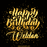 Animated GIF with colorful, festive 'Happy Birthday Weldon' text decorated with patterns, a party hat, and falling confetti. A vibrant and cheerful design for birthday celebrations.