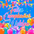 A vibrant animated GIF with 'Feliz Cumpleaños Weldon' written in colorful script, surrounded by balloons, confetti, and bunting on a bright blue background.