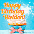 A cheerful animated GIF of a cupcake with creamy frosting, a red checkered ribbon, and a bright sparkler on top. The text 'Happy Birthday Weldon!' is displayed in vibrant orange and red.