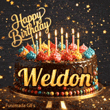 An animated card for Weldon featuring a dark chocolate drip cake decorated with sprinkles and colorful icing.