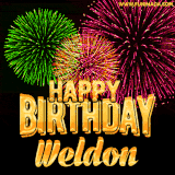 A captivating GIF with bursts of green, pink, and orange fireworks lighting up the night sky, accompanied by 'Happy Birthday Weldon' in glowing golden text.