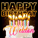 A vibrant animated GIF featuring a delicious birthday cake topped with glowing candles and the name 'Weldon' in elegant script, and the words 'Happy Birthday' on the black background.