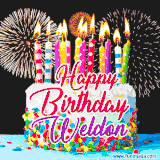 A lively happy birthday animated GIF showcasing a colorful birthday cake covered in sprinkles, topped with glowing candles, and surrounded by vibrant fireworks. The name 'Weldon' is featured in elegant script.