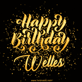 Animated GIF with colorful, festive 'Happy Birthday Welles' text decorated with patterns, a party hat, and falling confetti. A vibrant and cheerful design for birthday celebrations.