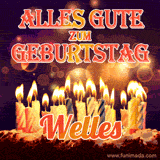 An animated GIF featuring 'Alles Gute Zum Geburtstag Welles' in glowing red and gold letters above a cake with colorful lit candles, set against a festive sparkling background.