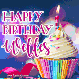 A festive animated GIF featuring a colorful cupcake with a single lit candle, sprinkles, and 'Happy Birthday Welles' text against a sparkling, celebratory background.