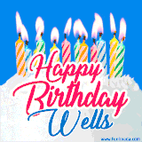 A cheerful animated GIF featuring colorful lit birthday candles on a white cake, with the text 'Happy Birthday Wells' in bold red and blue script on a bright blue background.