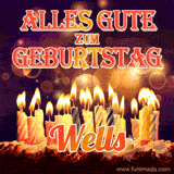 An animated GIF featuring 'Alles Gute Zum Geburtstag Wells' in glowing red and gold letters above a cake with colorful lit candles, set against a festive sparkling background.