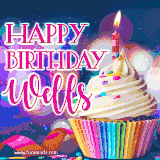 A festive animated GIF featuring a colorful cupcake with a single lit candle, sprinkles, and 'Happy Birthday Wells' text against a sparkling, celebratory background.