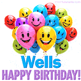 An animated birthday-themed name GIF with colorful smiling balloons and bold 'Wells, Happy Birthday!' text for a celebratory touch.