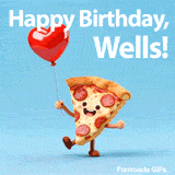 Seamlessly looping funny birthday e-card with a dancing pizza for Wells