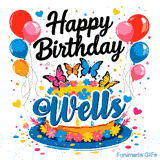 Vibrant balloons and fluttering butterflies on a flower-themed birthday cake animated GIF for Wells.