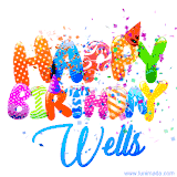 Animated GIF with colorful, festive 'Happy Birthday Wells' text decorated with patterns, a party hat, and falling confetti. A vibrant and cheerful design for birthday celebrations.