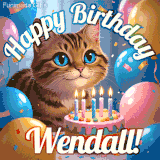 A playful tabby cat sits behind a colorful birthday cake surrounded by balloons and confetti, with 'Happy Birthday Wendall!' written above in festive letters.