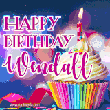 A festive animated GIF featuring a colorful cupcake with a single lit candle, sprinkles, and 'Happy Birthday Wendall' text against a sparkling, celebratory background.