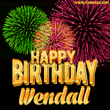 A captivating GIF with bursts of green, pink, and orange fireworks lighting up the night sky, accompanied by 'Happy Birthday Wendall' in glowing golden text.