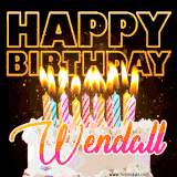 A vibrant animated GIF featuring a delicious birthday cake topped with glowing candles and the name 'Wendall' in elegant script, and the words 'Happy Birthday' on the black background.