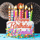 A lively happy birthday animated GIF showcasing a colorful birthday cake covered in sprinkles, topped with glowing candles, and surrounded by vibrant fireworks. The name 'Wendall' is featured in elegant script.