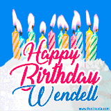 A cheerful animated GIF featuring colorful lit birthday candles on a white cake, with the text 'Happy Birthday Wendell' in bold red and blue script on a bright blue background.