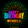 A colorful animated GIF featuring the text 'Happy Birthday Wendell!' in rainbow colors with a dynamic iridescent firework display in the background.