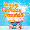 A cheerful animated GIF of a cupcake with creamy frosting, a red checkered ribbon, and a bright sparkler on top. The text 'Happy Birthday Wendell!' is displayed in vibrant orange and red.