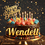 A personalized birthday cake for Wendell on a gold platter, surrounded by falling golden star confetti.